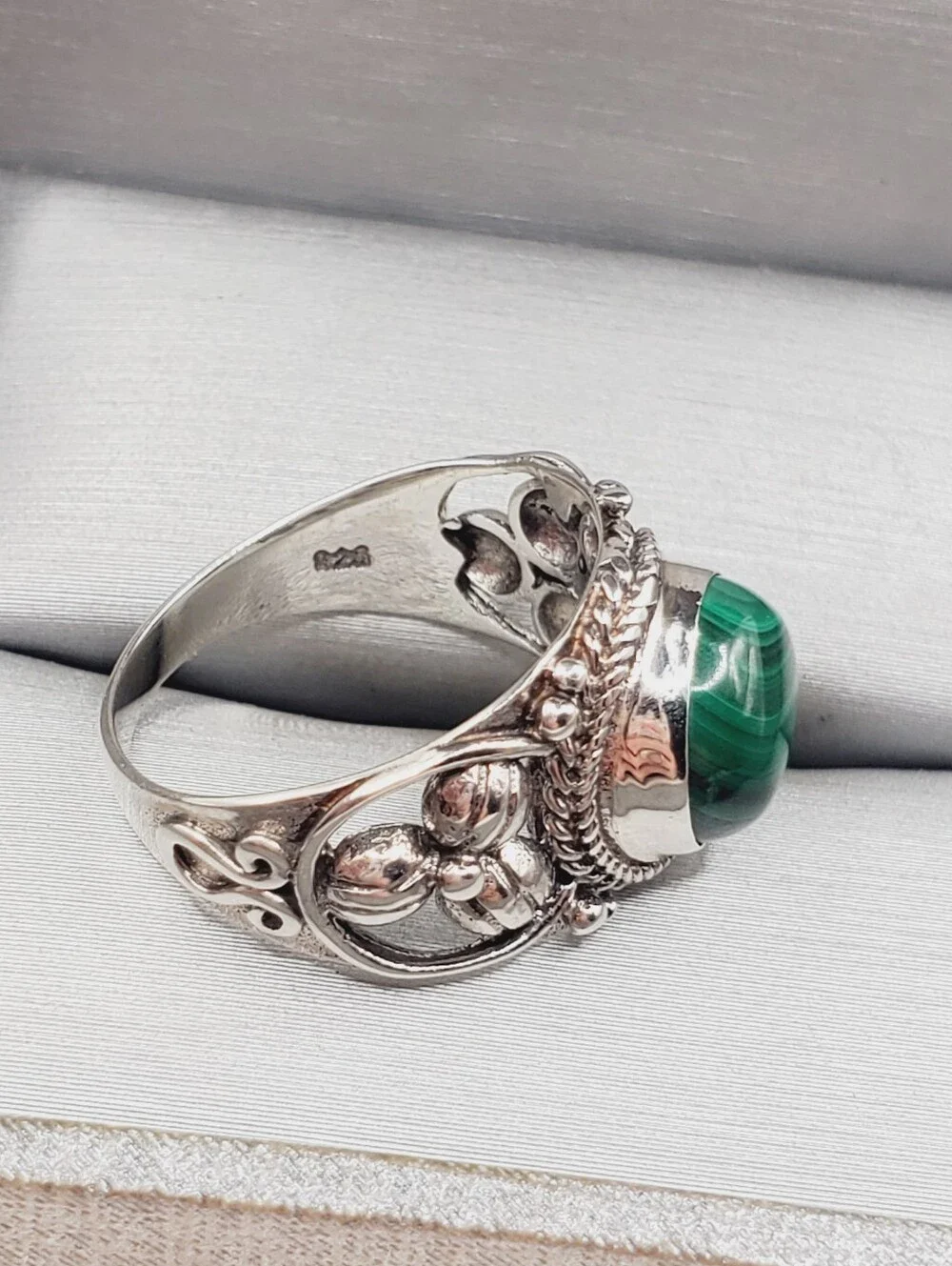 3.5 Carat Green African Malachite 925 Sterling Silver Statement Artisan Ring